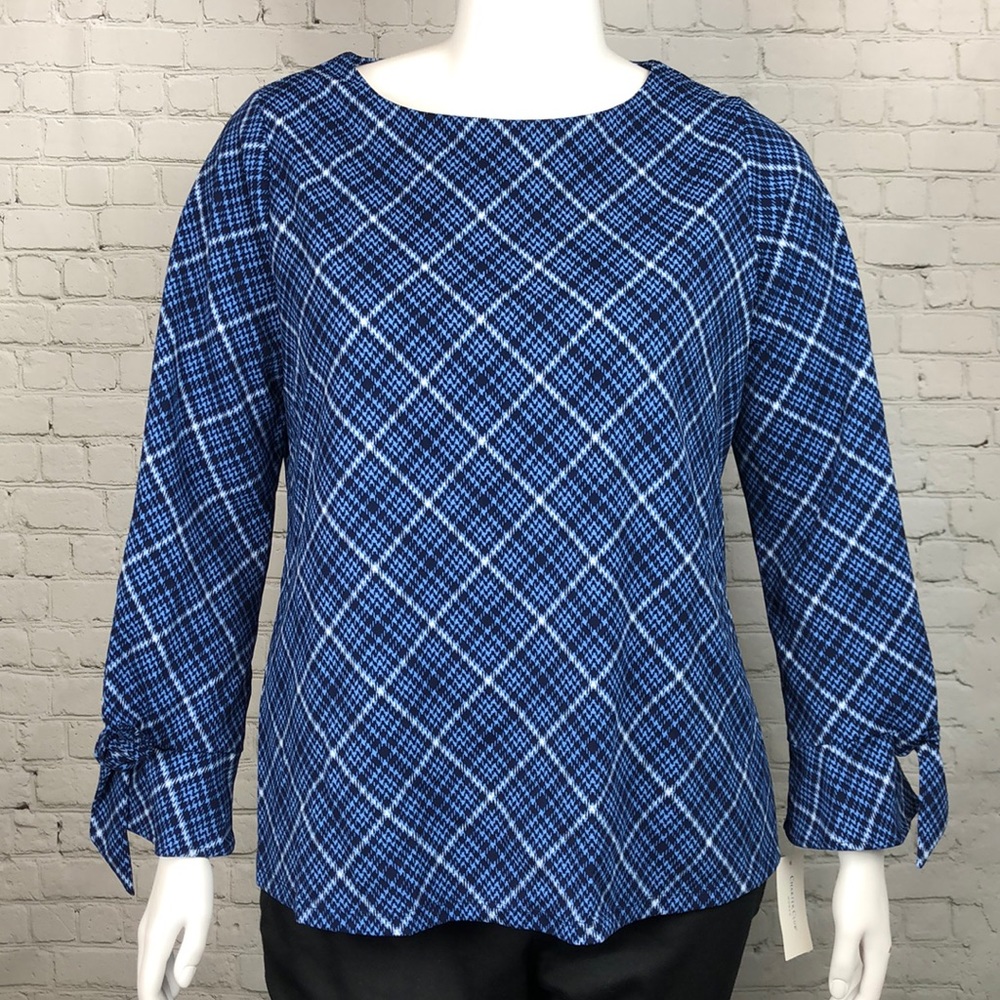 1X 2X 3X Charter Club Blue Plaid Bell Sleeve Top - Picture 2 of 6